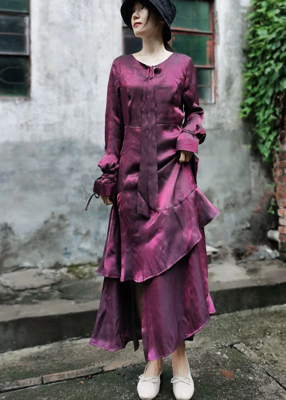 Fuzzy Wool Long Sleeves DressElegant Maroon Asymmetrical Design Patchwork Ruffles Chiffon Dress Long Sleeve