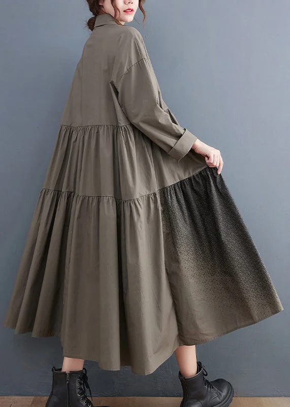 Fabulous Long Sleeves Tiered DressGrey pockets Cotton Shirt Dresses wrinkled Long Sleeve