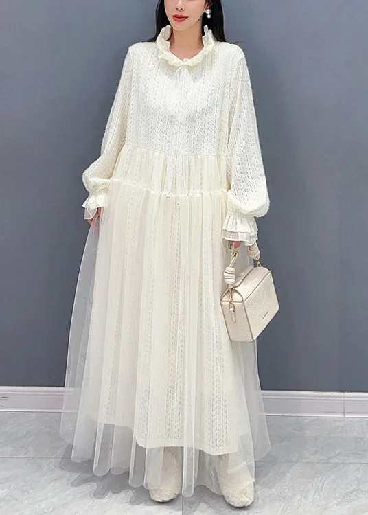 Funky Long Sleeves DressChic White Ruffled Tulle Lace Dresses Long Sleeve