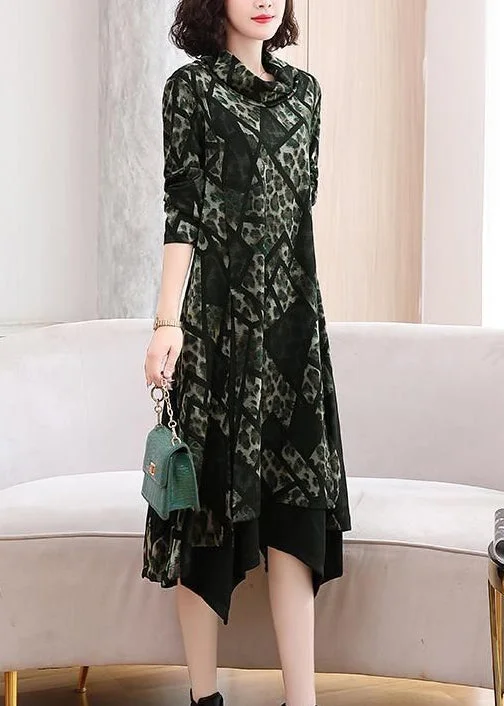 Flexible Fit Long Sleeves DressGreen Side Open Cotton Dress Turtleneck Long Sleeve