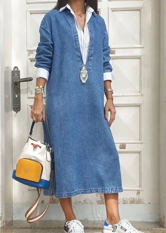 Flexible Fit Long Sleeves DressWomen Blue Peter Pan Collar False Two Pieces Patchwork Denim Dresses Long Sleeve