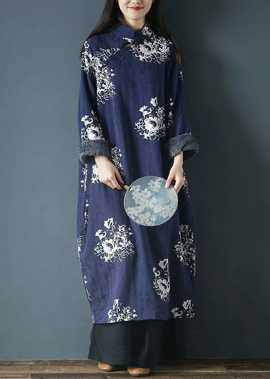 Flowery Long Sleeves Smock DressBlue Print Patchwork Fleece Dress Stand Collar Long Sleeve