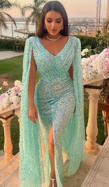 bachelor party dresses (for women)Glitter Sequin Evening Dress Mermaid Party Dress with Cape Sexy High Slit A-Line Elegant Luxury Dresses Y4882