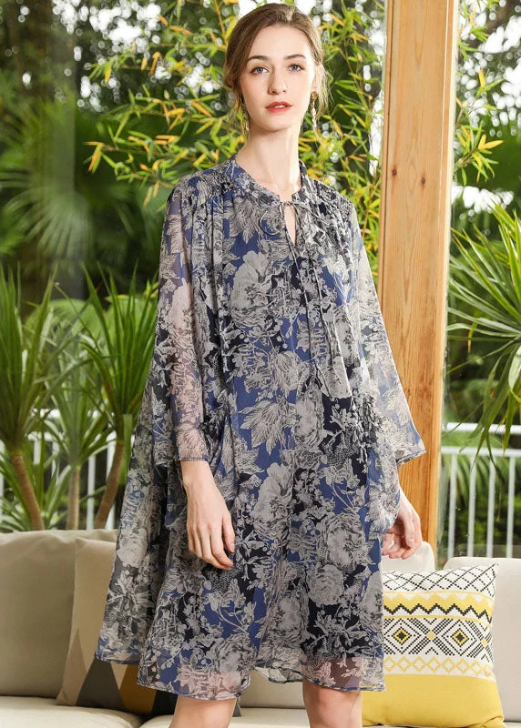 Formal Party Long Sleeves DressPlus Size Stand Collar Oversized Print Chiffon Holiday Dress Long Sleeve