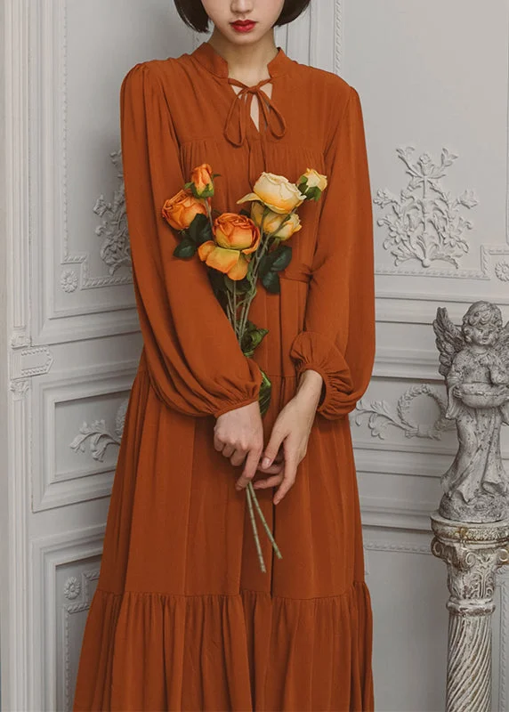 Funky Long Sleeves Jumpsuit DressSolid Slit Tie Front Long Sleeve V Neck Casual Dress Caramel