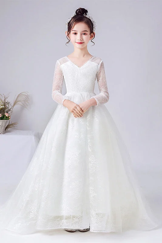 Flowing Maxi Long Sleeves DressA-Line Elegant Long Sleeve Lace Flower Girl Dress With Bownet