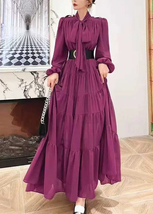 Feminine Long Sleeves DressElegant Purple Lace Up Wrinkled Patchwork Chiffon Dress Long Sleeve