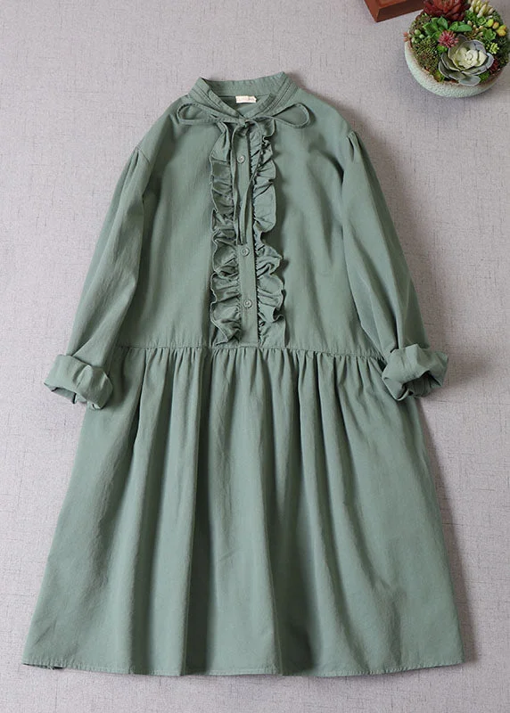 Formal Long Sleeves Bodycon Midi DressWomen Tea Green Ruffled Button Cotton Dress Long Sleeve