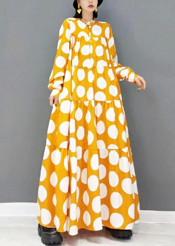 Full Length Long Sleeves DressFashion Yellow Button Print Fall Long Sleeve Holiday Dress