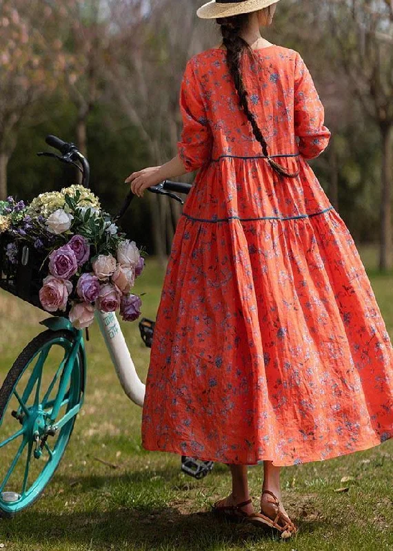 Fabulous Formal Long Sleeves DressClassy Orange Print Linen O-Neck Long sleeve Summer Dress