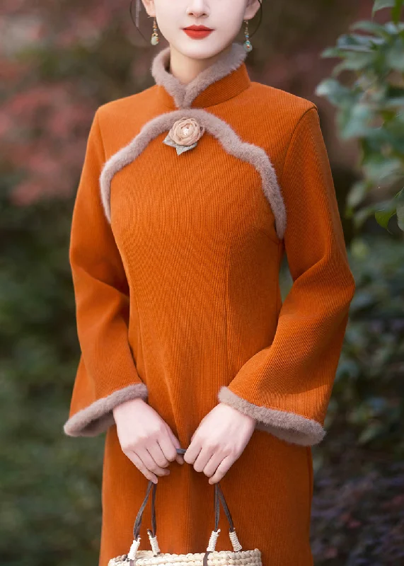 Fitted Long Sleeves DressChinese Style Orange Stand Collar Patchwork Warm Fleece Dresses Long Sleeve