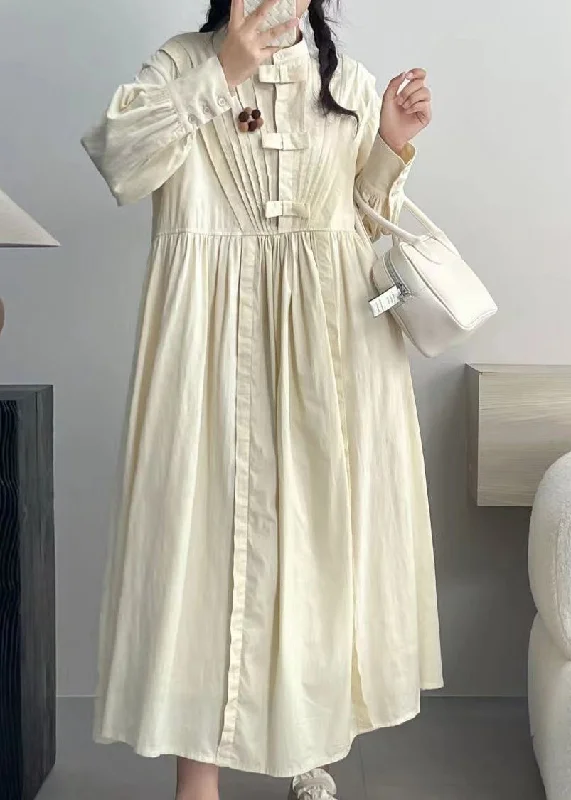 Full-Body Long Sleeves Jumpsuit DressElegant Beige Wrinkled Button Cotton Dresses Long Sleeve