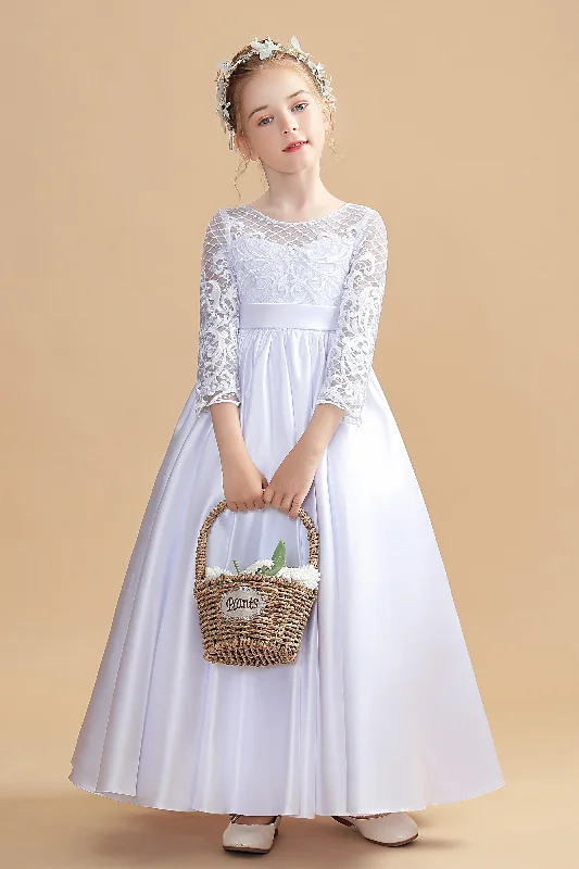 Fitted Silk Long Sleeves DressRound Neck Satin Long Sleeves Flower Girl Dresses With Bowknot