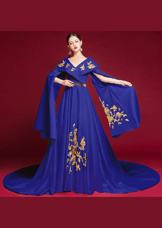 Flirty Long Sleeves Shift DressRetro Blue V Neck Embroidered Patchwork Silk Dresses Long Sleeve