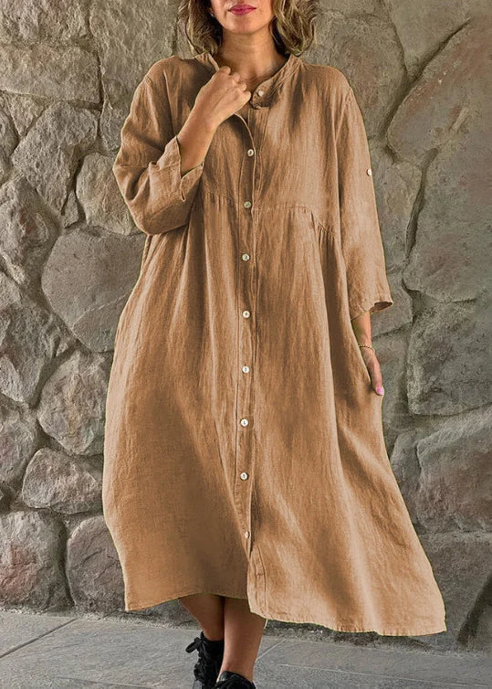 Flexible Long Sleeves DressLoose Brown Stand Collar Button Cotton Blouses Dress Long Sleeve