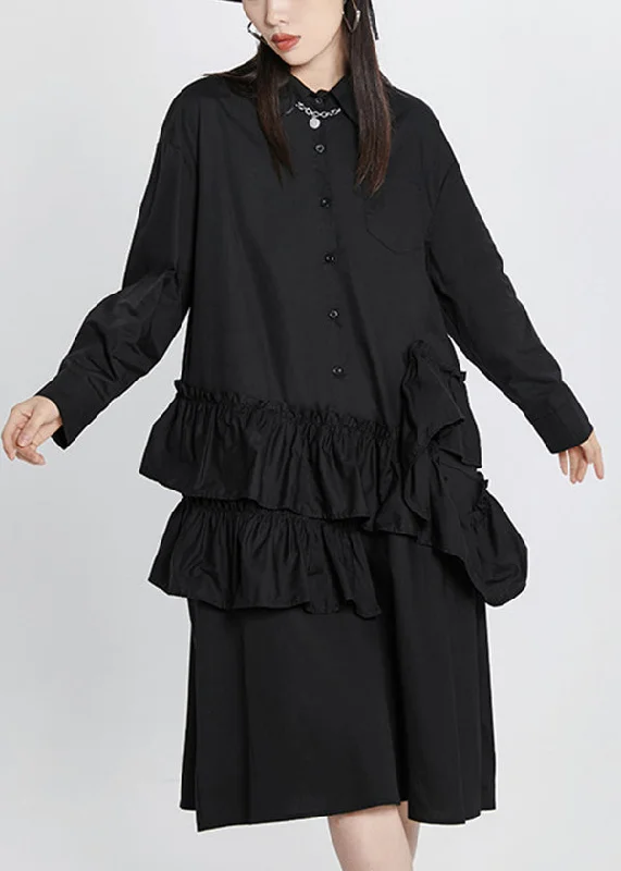 Flirty Silk Long Sleeves DressPlus Size Black Solid Peter Pan Collar Ruffles Patchwork Shirt Dress Long Sleeve