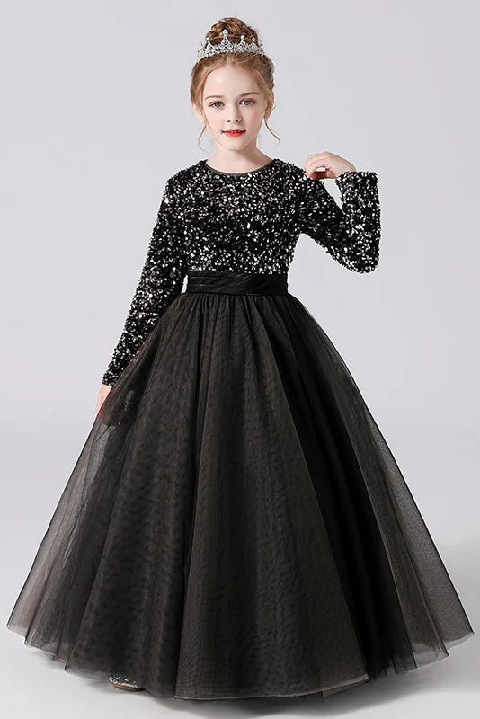 Formal Winter Long Sleeves DressBlack Tulle Long Sleeve Floor Length Flower Girl Dresses With Sequins