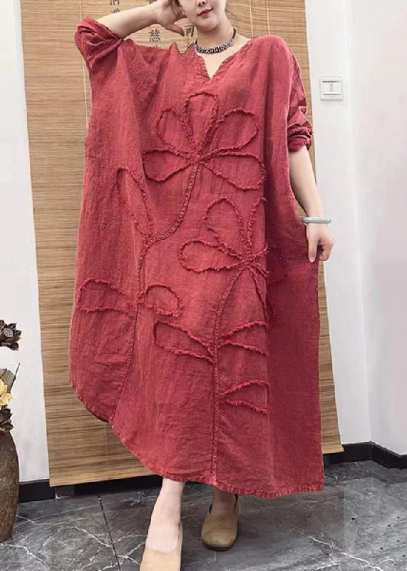 Flexible Long Sleeves Tunic DressPlus Size Red V Neck Embroidery Patchwork Linen Dress Long Sleeve