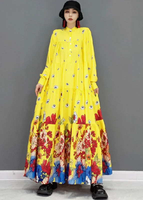 Flirty Long Sleeves Cold-Shoulder DressYellow Print Patchwork Cotton Long Shirt Dresses Wrinkled Long Sleeve