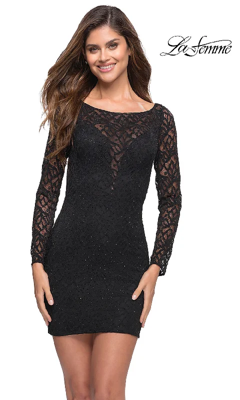 handmade party dressesLong-Sleeve La Femme Short Black Homecoming Dress