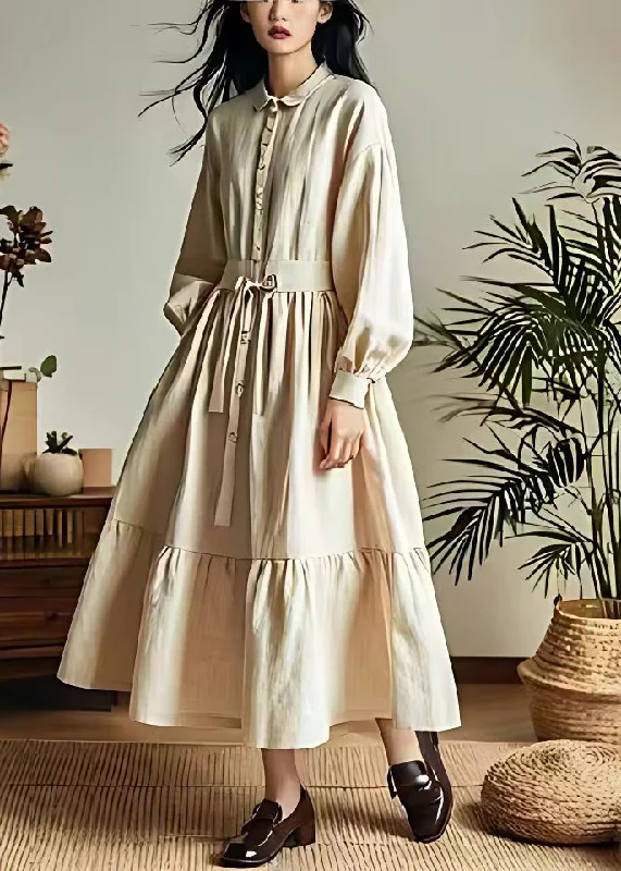 Fresh Long Sleeves DressClassy Beige Lace Up Button Wrinkled Cotton Dresses Long Sleeve