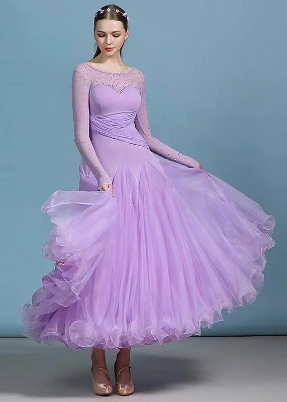 Full-Body Long Sleeves DressModern Purple Zircon Tulle Patchwork Exra Large Hem Dance Dress Long Sleeve