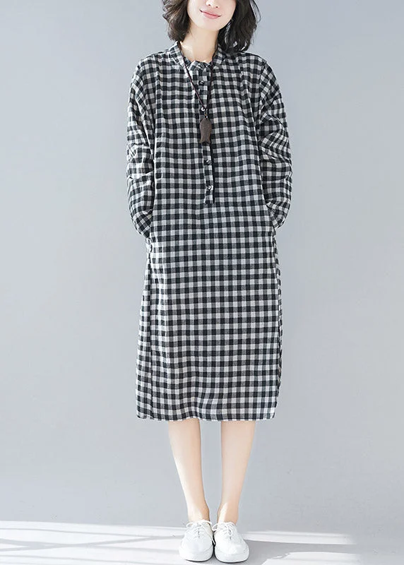 Flirty Lace Long Sleeves DressPlus Size Black White Plaid Stand Collar Pockets Side Open Linen Dresses Long Sleeve