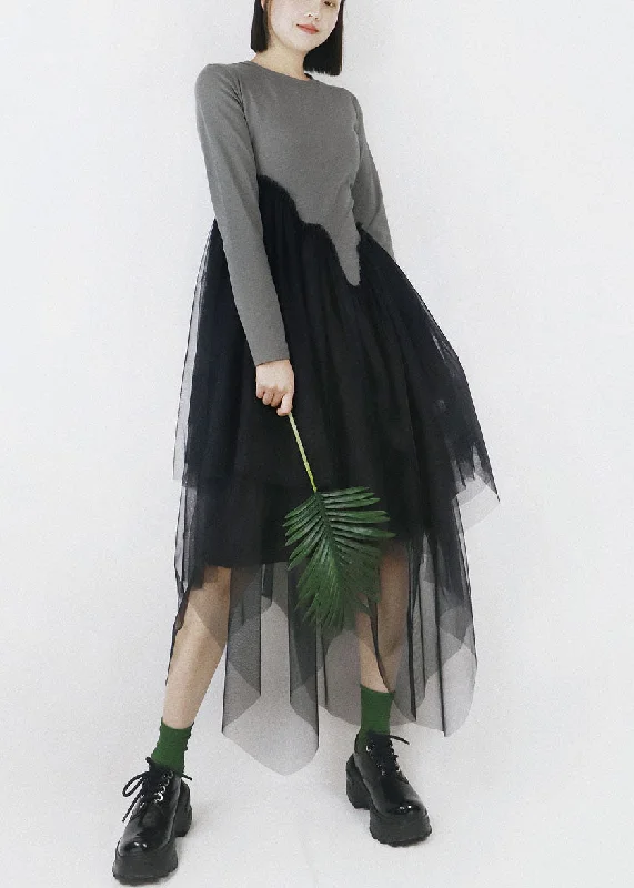 Fashionable Long Sleeves A-Line DressDiy Grey O-Neck Tulle Patchwork Asymmetrical Design Cotton Vacation Dresses Long Sleeve