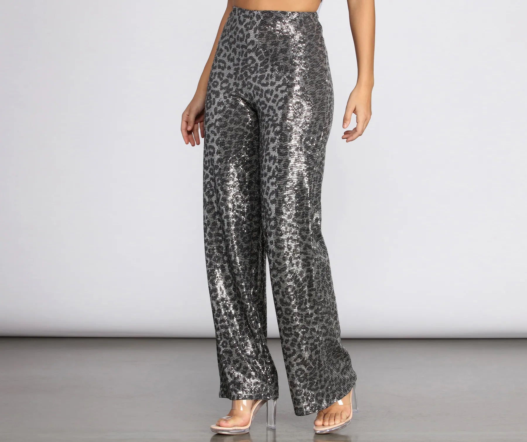 women's straight-leg pantsLeopard Sequin Wide Leg Pants