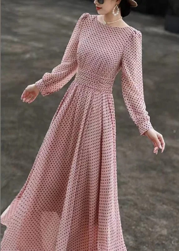 Flowery Long Sleeves Peplum DressSlim Fit Pink Dot O Neck Chiffon Dresses Long Sleeve