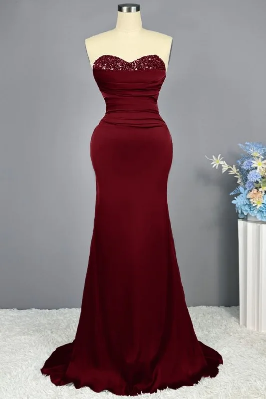 flashy party dressesBurgundy Prom Dress Long Party Mermaid Sweetheart Sequins Sleeveless  Y6857