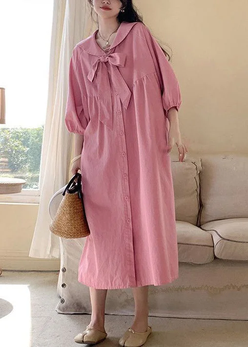 Fabulous Long Sleeves Babydoll DressLoose Pink Lace Up Button Cotton Blouses Dress Long Sleeve