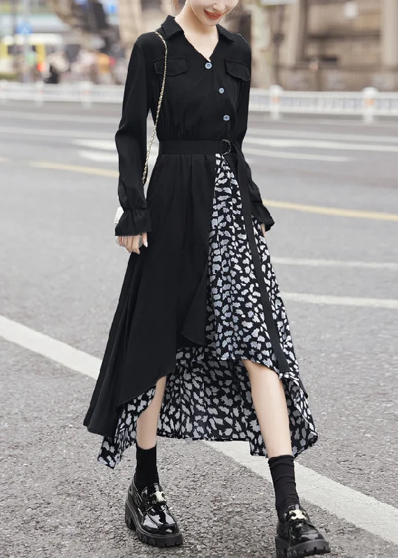 Flowery Long Sleeves Tea DressNew Black Asymmetrical Tie Waist Patchwork Chiffon Dress Long Sleeve