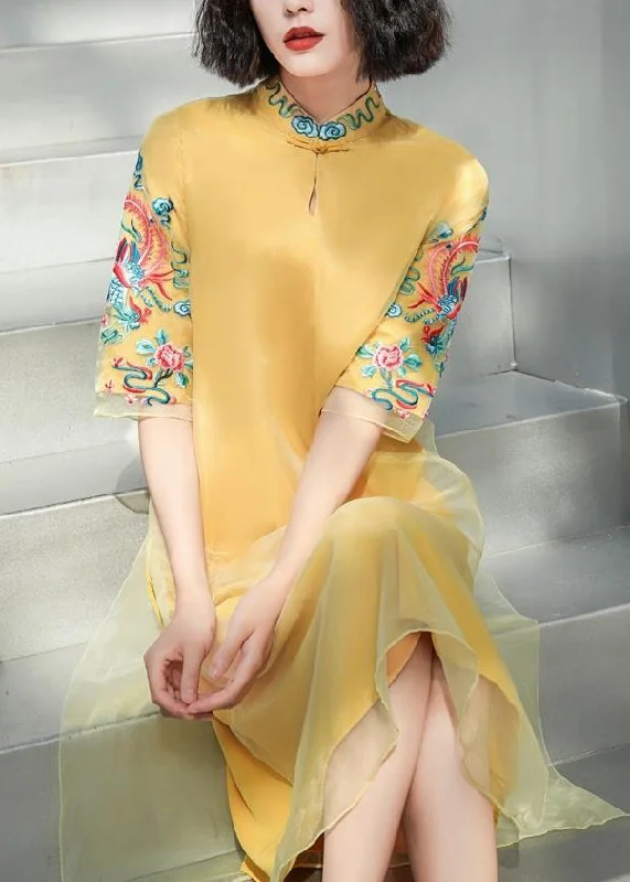 Flirty Long Sleeves Shift DressDIY Yellow Stand Collar Embroideried Button Tulle Silk Dress Long Sleeve