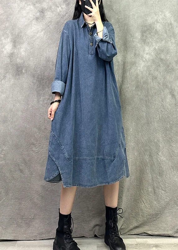 Flowing Tulle Long Sleeves DressBlue Patchwork Denim Shirts Dresses Peter Pan Collar Long Sleeve