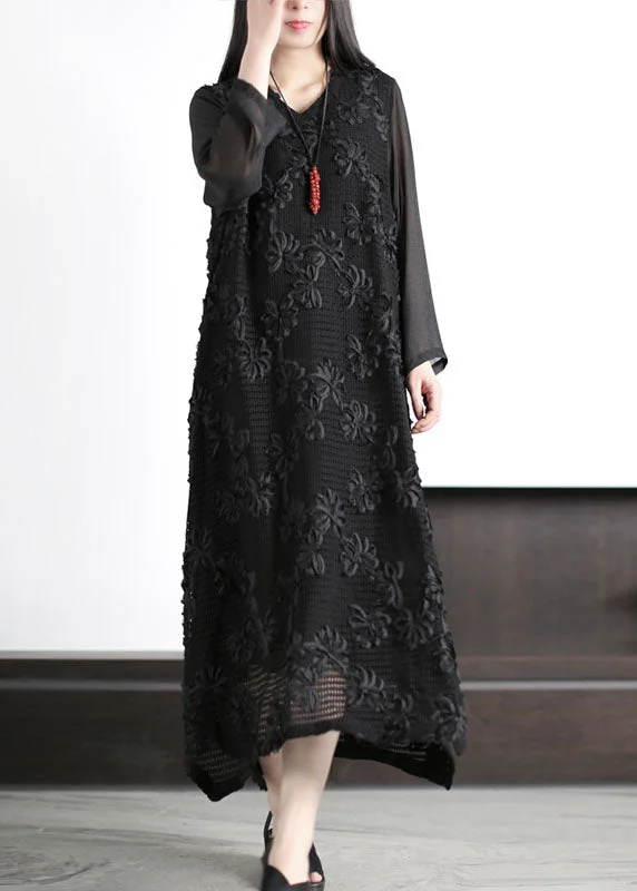 Fuzzy Long Sleeves Wrap DressItalian Black V Neck Floral Hollow Out Patchwork Cotton Dress Long Sleeve