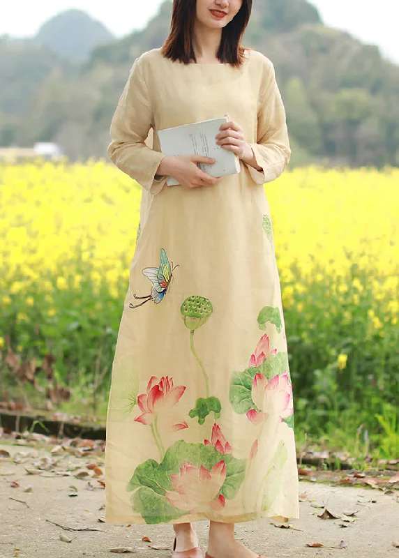 Flirty Long Sleeves Shift DressBrief Beige O-Neck Butterfly Floral Print Linen Dresses Long Sleeve