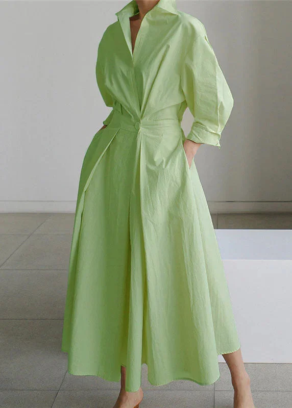 Flowery Silk Long Sleeves Dress2023 Green Peter Pan Collar Pockets Cotton Dress Long Sleeve