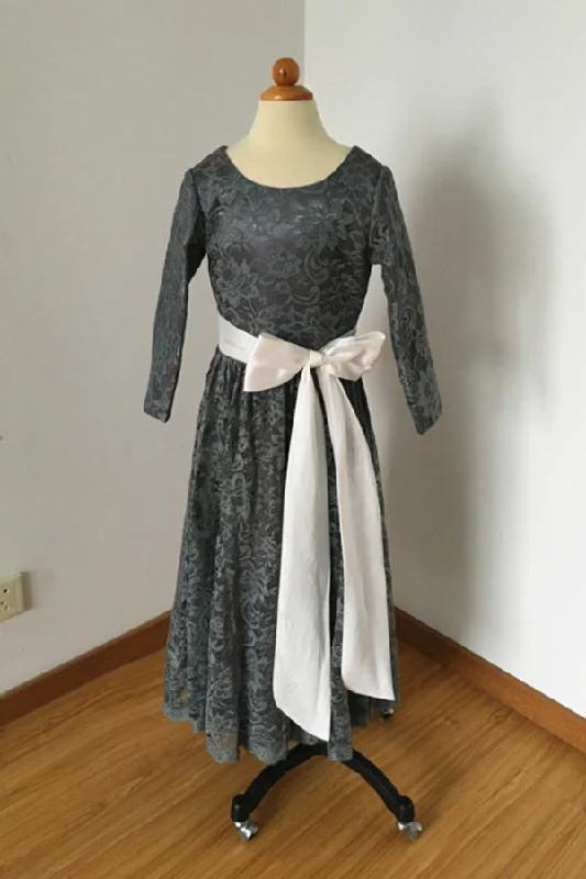 Fancy Crepe Long Sleeves DressLong Sleeves Charcoal Gray Lace Floor Length Flower Girl Dresses with Ivory Sash F030