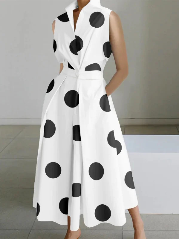 Flowy Long Sleeves Dress2024 White-big dots Peter Pan Collar Pockets Cotton Dress Long Sleeve