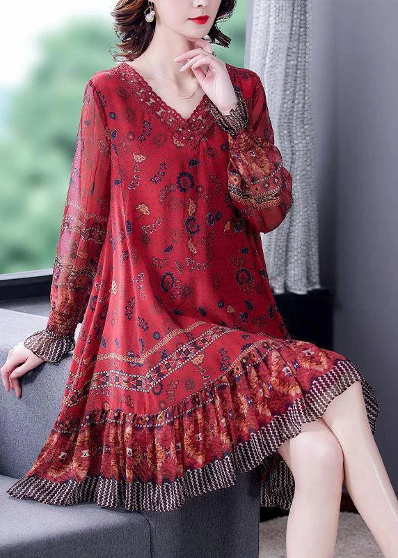 Fabulous Lace Long Sleeves DressModern Red V Neck Patchwork Ruffles Print Silk Dresses Long Sleeve