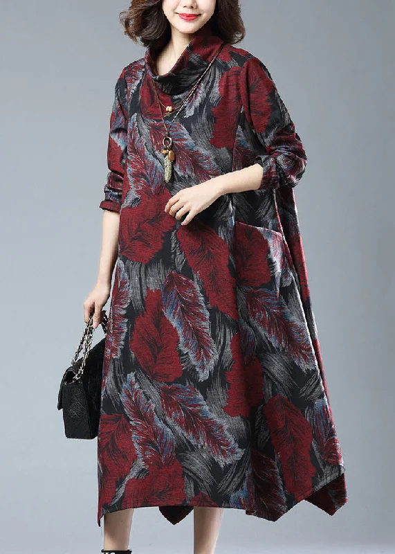 Fabulous Formal Long Sleeves DressWine Red Patchwork Cotton Dress Turtleneck Print Pockets Long Sleeve