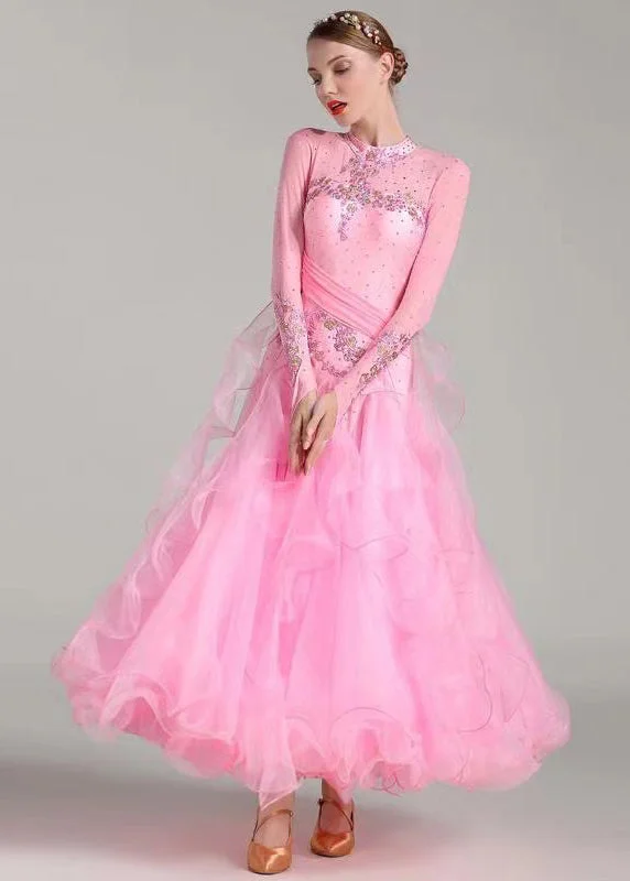 Flexible Stretch Long Sleeves DressOriginal Pink Embroideried Zircon Tulle Patchwork Dance Dress Long Sleeve