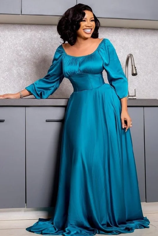 halter-neck party dressesSimple Pure Color A-line Long Sleeves Evening Dress Y5809