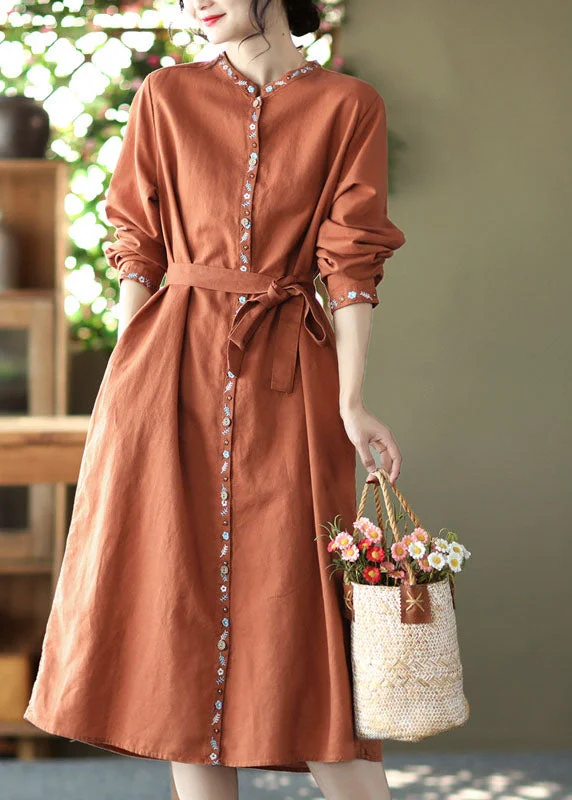 Fitted Long Sleeves High-Low DressHandmade Orange Stand Collar Embroideried Linen Vacation Dresses Long Sleeve