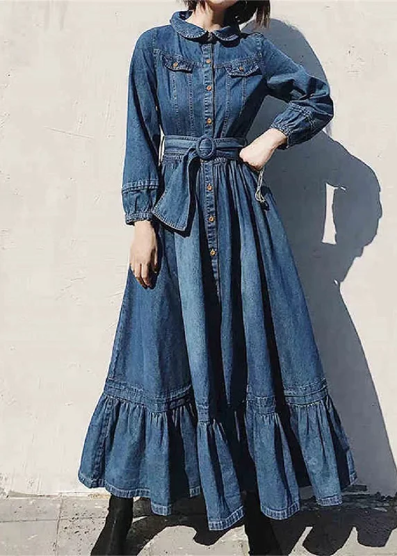 Full Length Long Sleeves DressFrench Blue Peter Pan Collar Button Denim Dress Long Sleeve