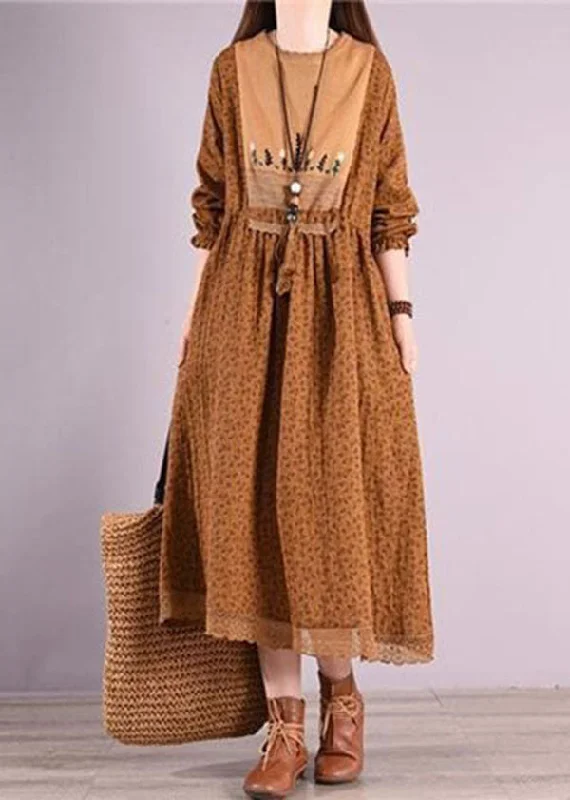 Fitted Floral Long Sleeves DressCoffee Print Patchwork Linen Dresses O Neck Elastic Waist Long Sleeve