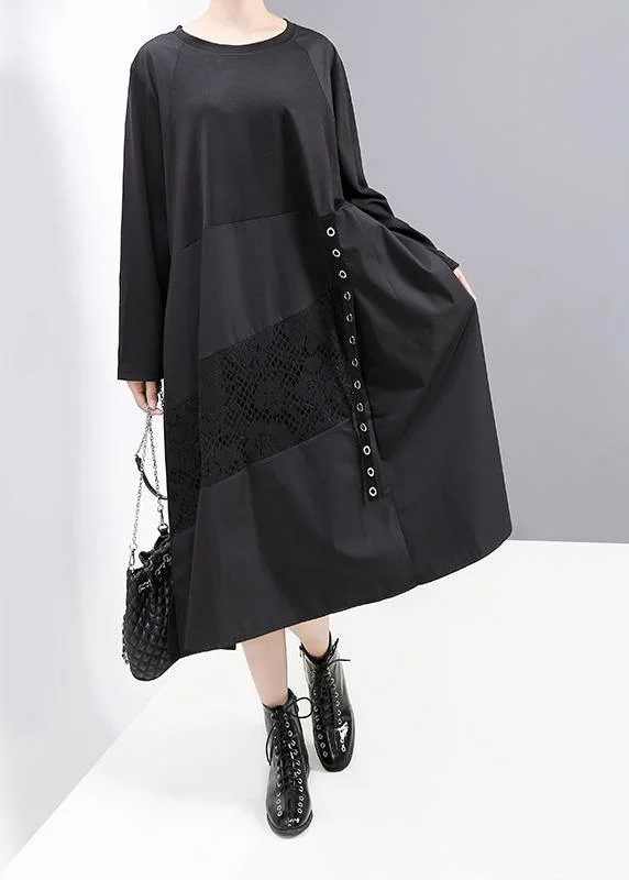 Fitted Silk Long Sleeves DressWomen black patchwork cotton quilting dresses long sleeve Robe o neck Dresses