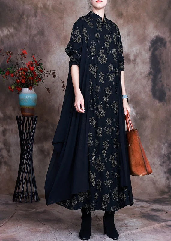 Feminine Long Sleeves DressBoutique Black Print Patchwork Fall Dresses Long sleeve