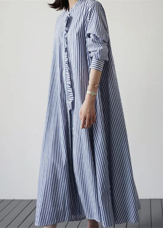 Fancy Crepe Long Sleeves DressBlue Patchwork Cotton Dresses Ruffled Striped Long Sleeve